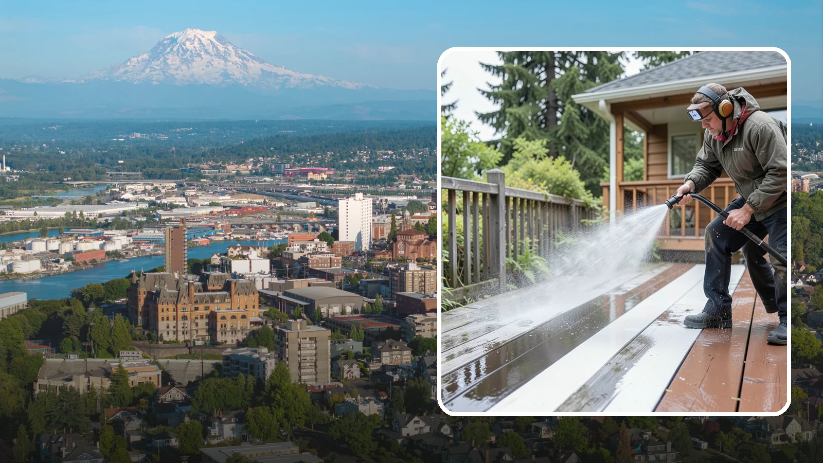 Deck Washing in Tacoma, Pierce County, WA - Soft wash decks to lift grey weathering and green growth without gouging the wood.