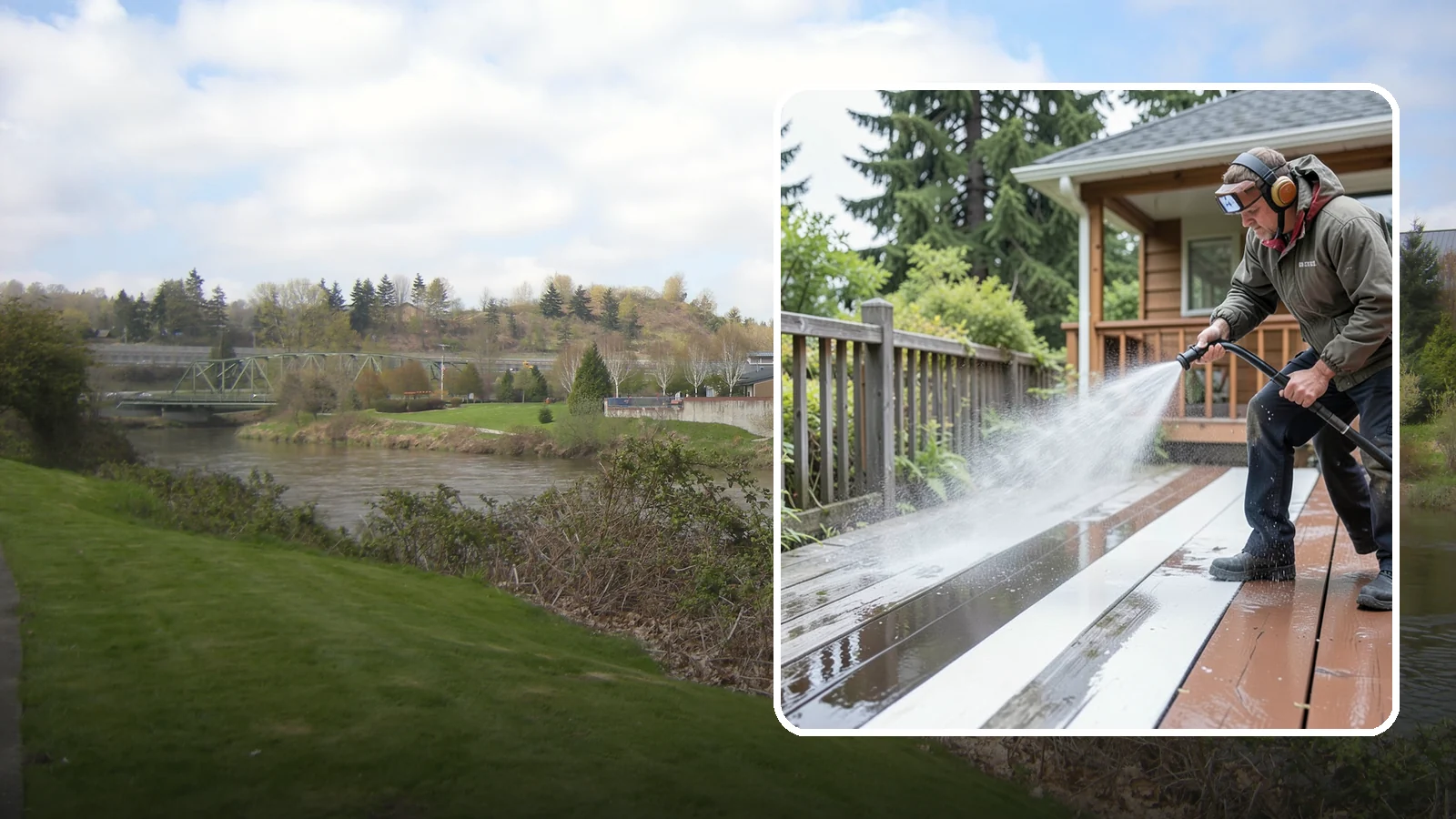Deck Washing in Tukwila, King County, WA - Soft wash decks to lift grey weathering and green growth without gouging the wood.