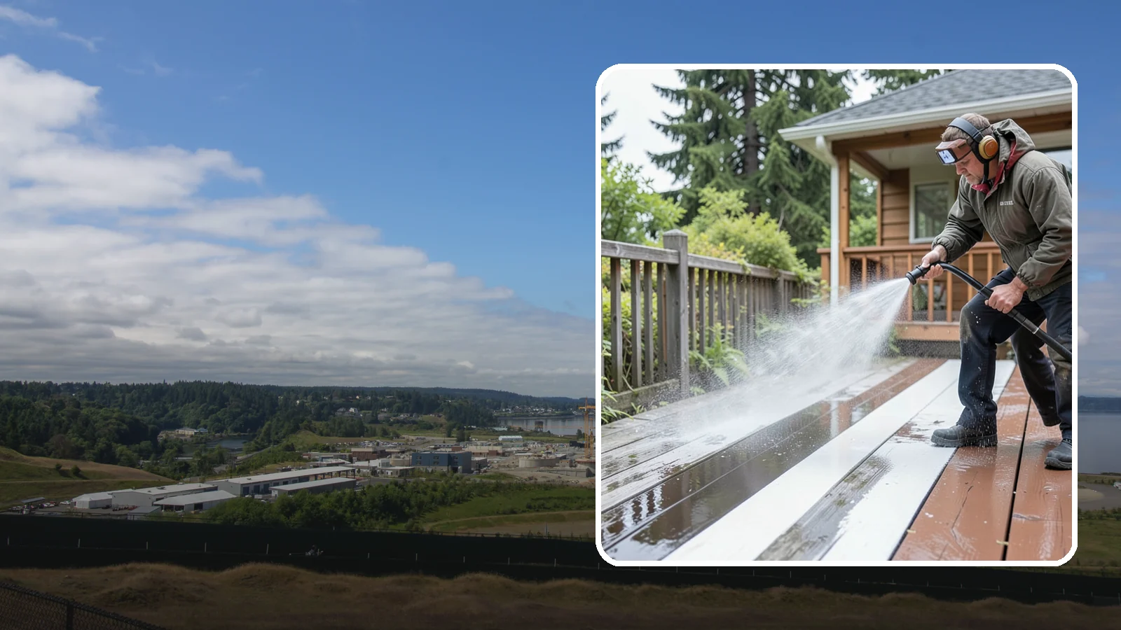 Deck Washing in University Place, Pierce County, WA - Soft wash decks to lift grey weathering and green growth without gouging the wood.