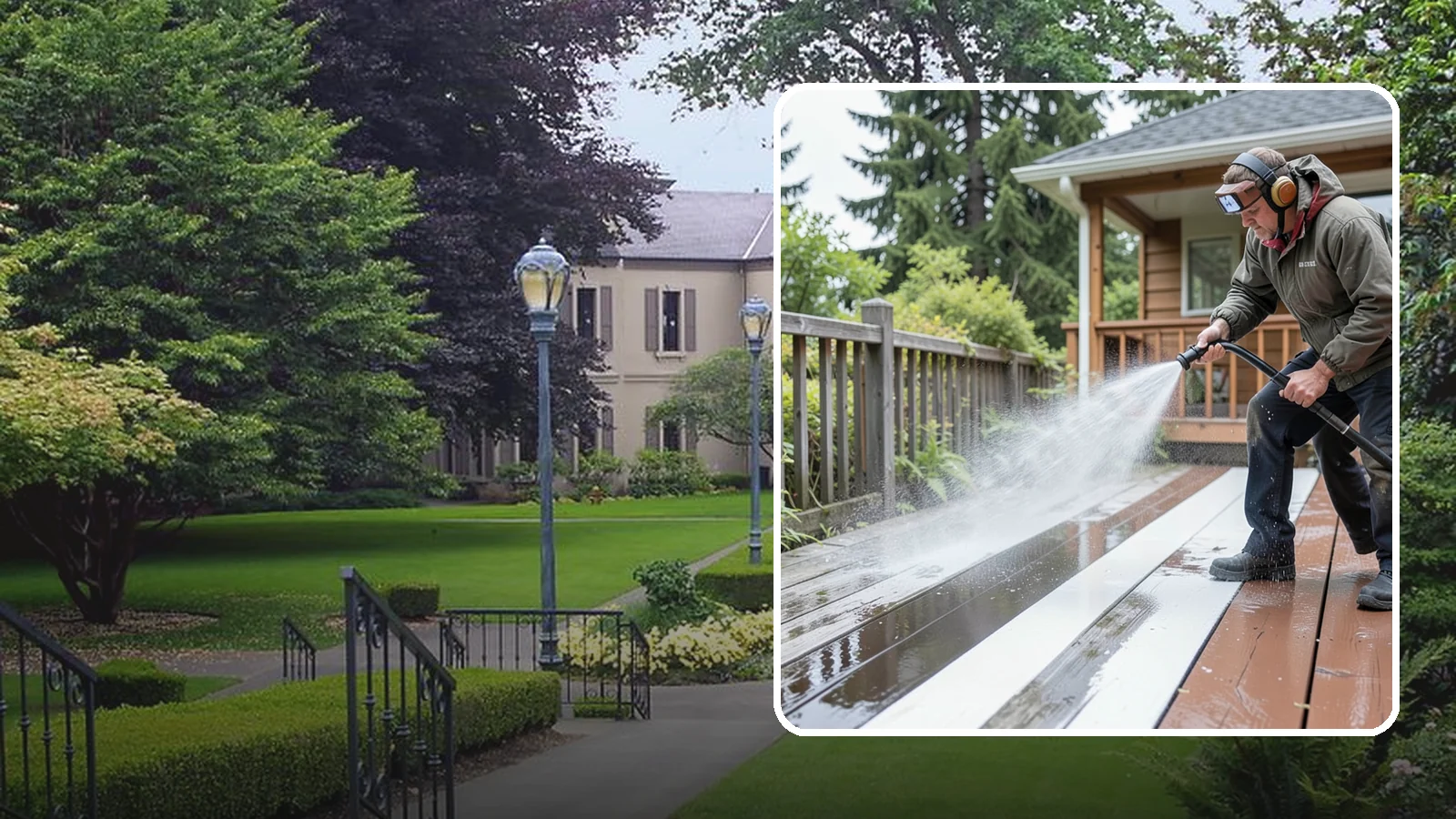 Deck Washing in Woodinville, King County, WA - Soft wash decks to lift grey weathering and green growth without gouging the wood.
