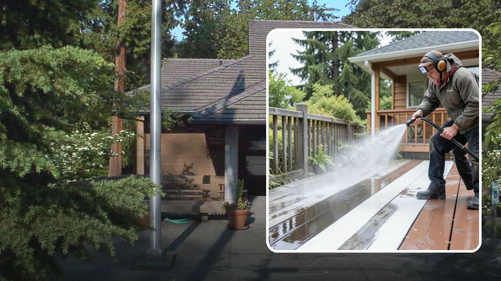 Deck Washing in Yarrow Point, King County, WA - Soft wash decks to lift grey weathering and green growth without gouging the wood.