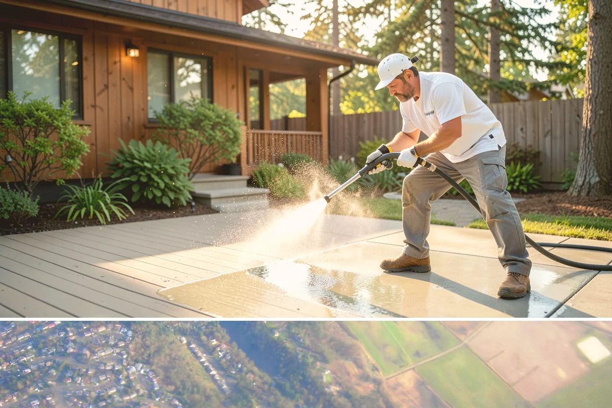 Decorative Concrete Cleaning in Algona, King County, WA - Decorative concrete cleans and reseals best in dry summer weather for proper sealer cure.