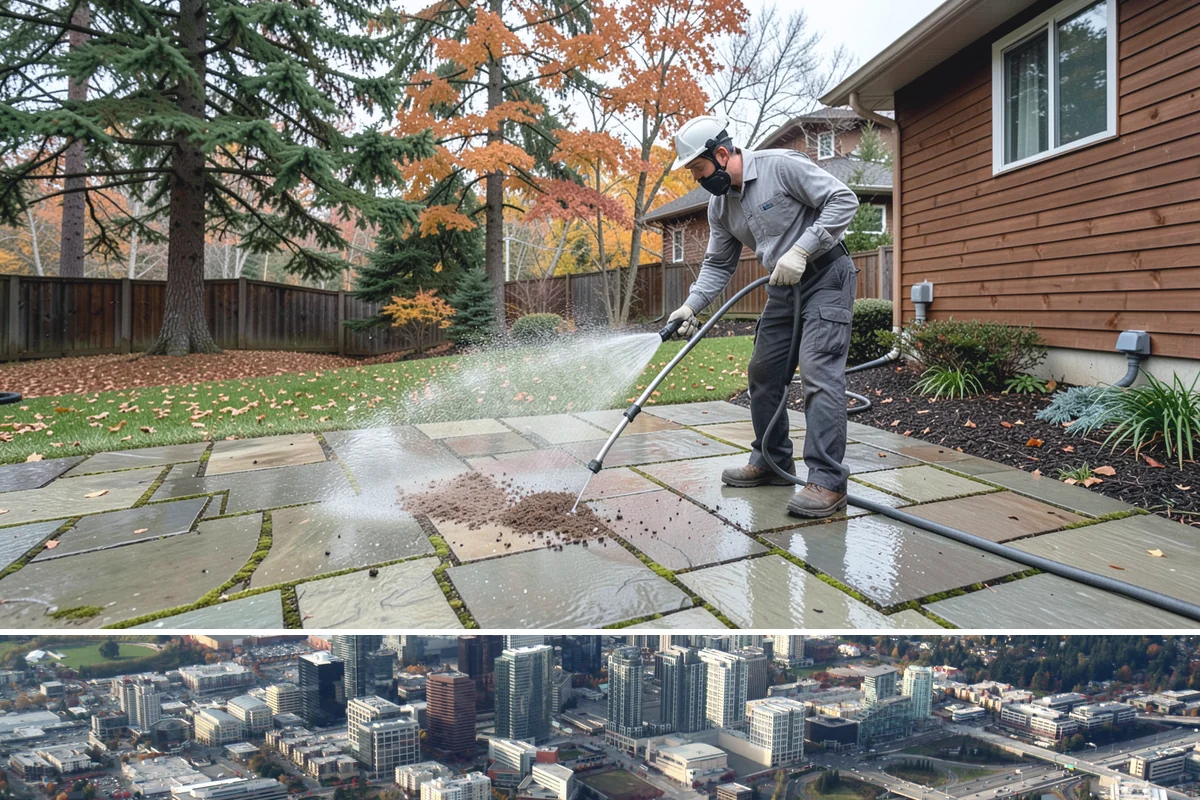 Decorative Concrete Cleaning in Bellevue, King County, WA - Decorative concrete cleans and reseals best in dry summer weather for proper sealer cure.