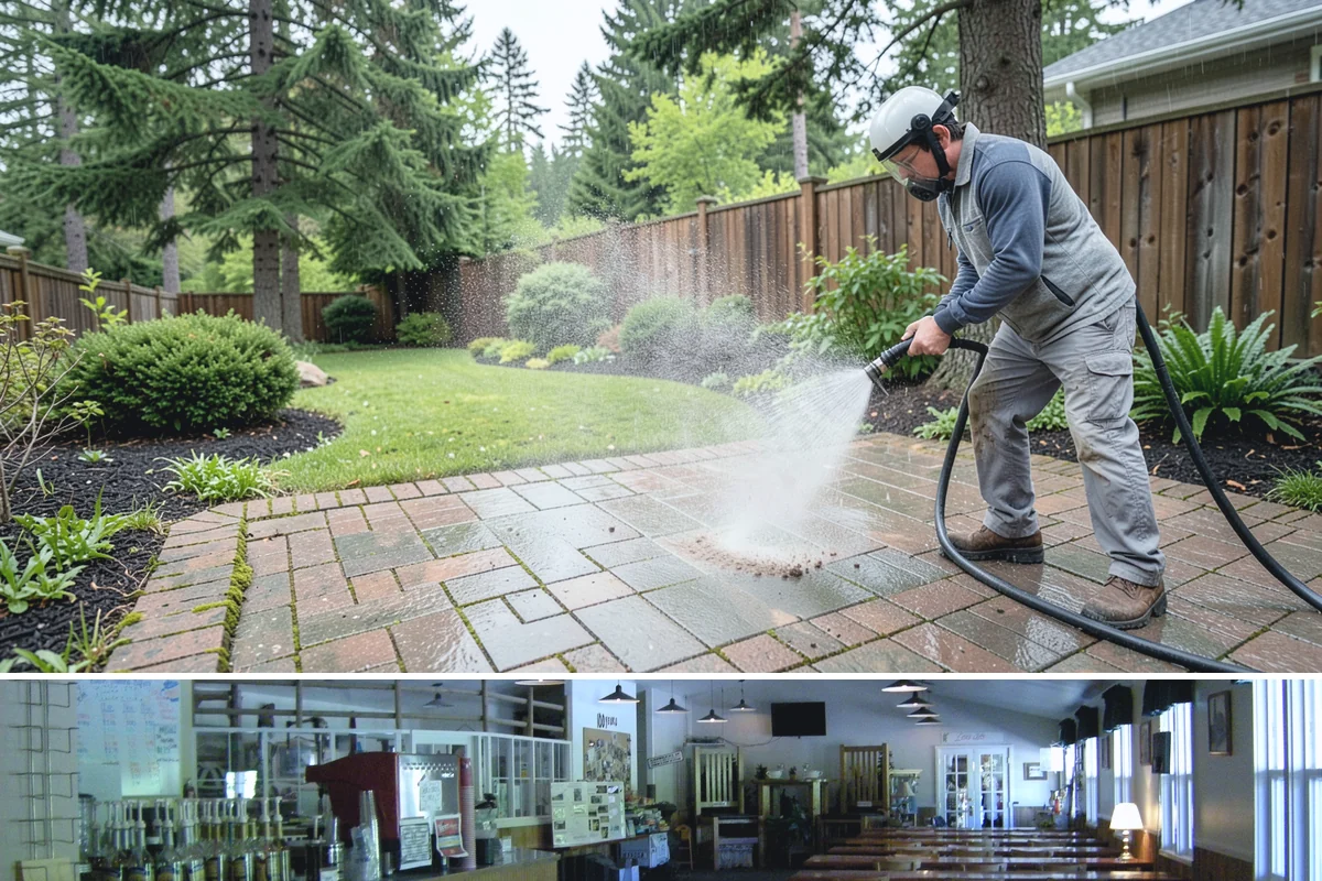Decorative Concrete Cleaning in Black Diamond, King County, WA - Decorative concrete cleans and reseals best in dry summer weather for proper sealer cure.