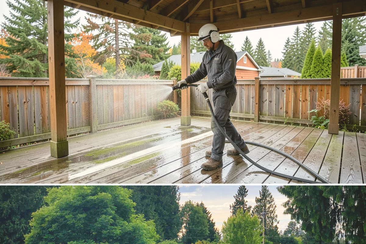 Decorative Concrete Cleaning in Bonney Lake, Pierce County, WA - Decorative concrete cleans and reseals best in dry summer weather for proper sealer cure.