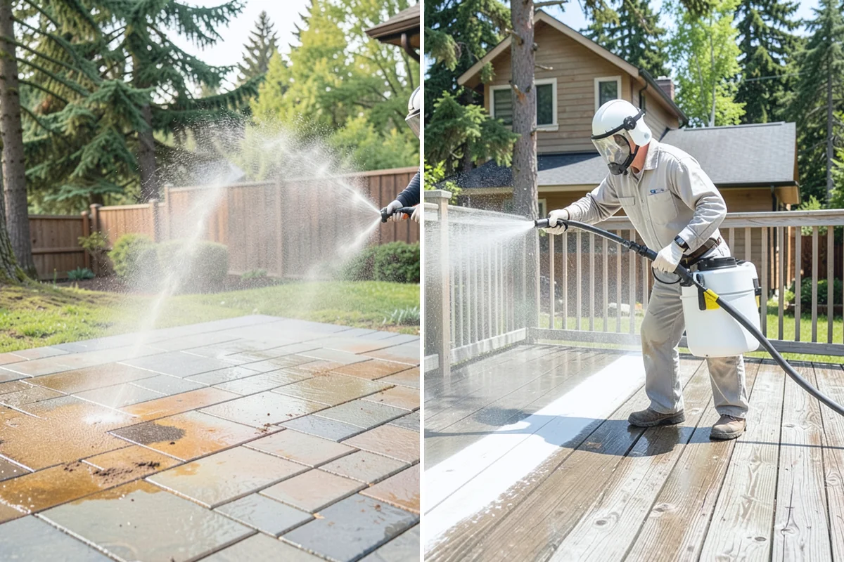 Decorative Concrete Cleaning in Buckley, Pierce County, WA - Clear the patio and inspect the sealer condition