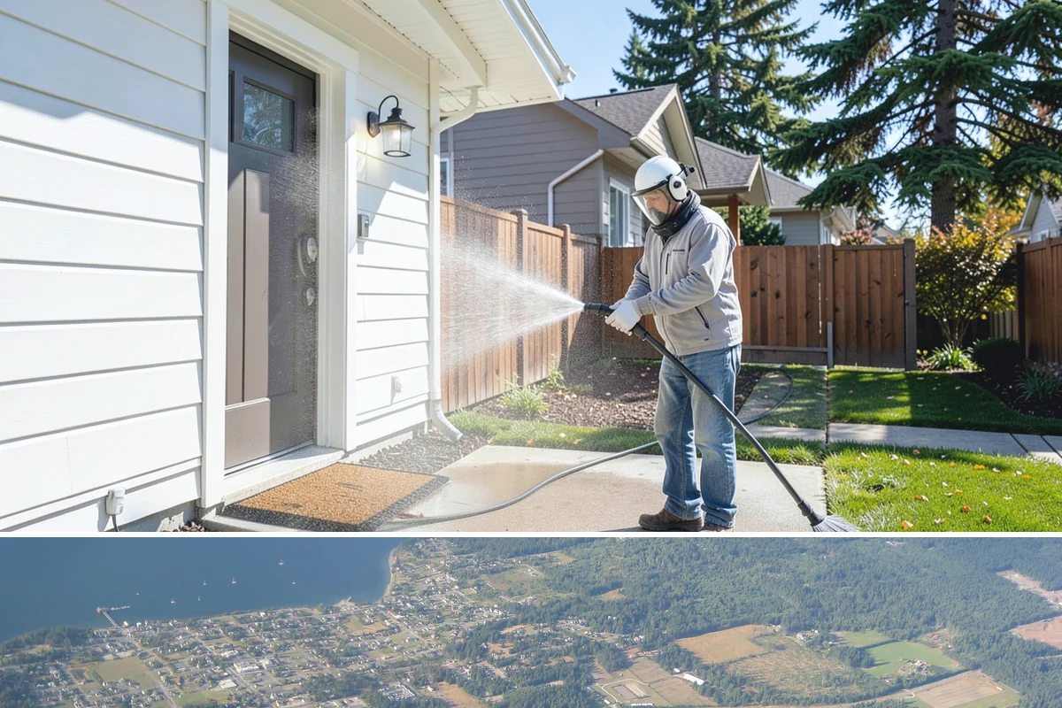 Decorative Concrete Cleaning in Coupeville, Island County, WA - Decorative concrete cleans and reseals best in dry summer weather for proper sealer cure.