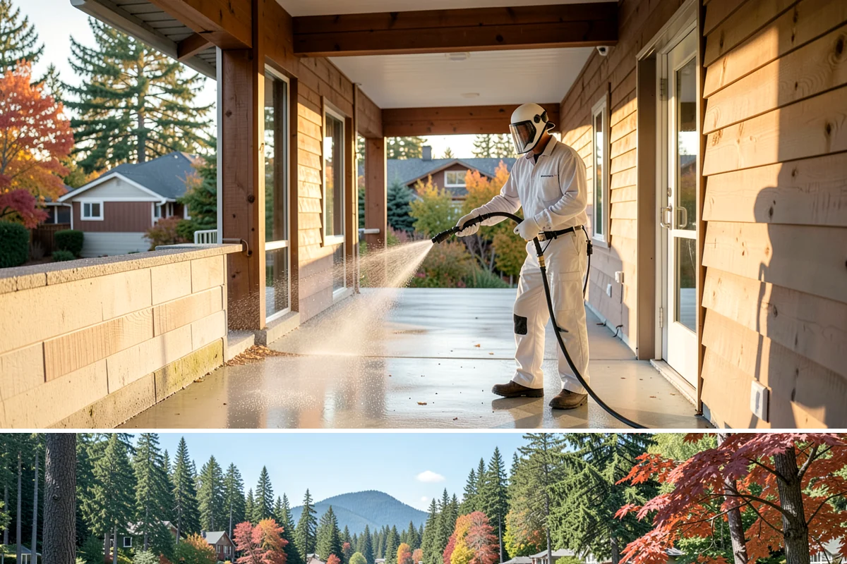 Decorative Concrete Cleaning in Covington, King County, WA - Decorative concrete cleans and reseals best in dry summer weather for proper sealer cure.