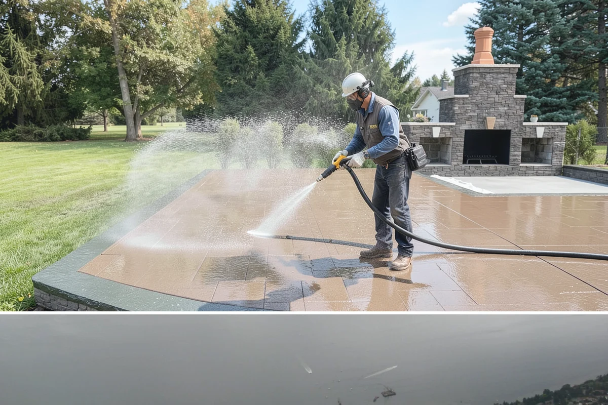 Decorative Concrete Cleaning in Des Moines, King County, WA - Decorative concrete cleans and reseals best in dry summer weather for proper sealer cure.