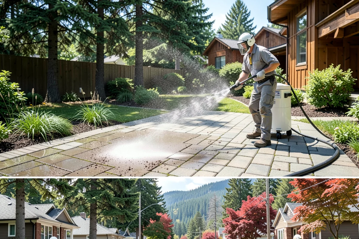 Decorative Concrete Cleaning in Hunts Point, King County, WA - Decorative concrete cleans and reseals best in dry summer weather for proper sealer cure.