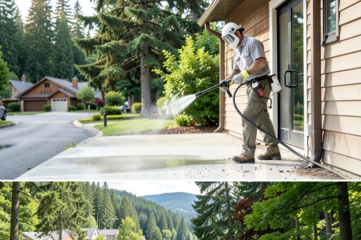 Decorative Concrete Cleaning in Lake Forest Park, King County, WA - Decorative concrete cleans and reseals best in dry summer weather for proper sealer cure.