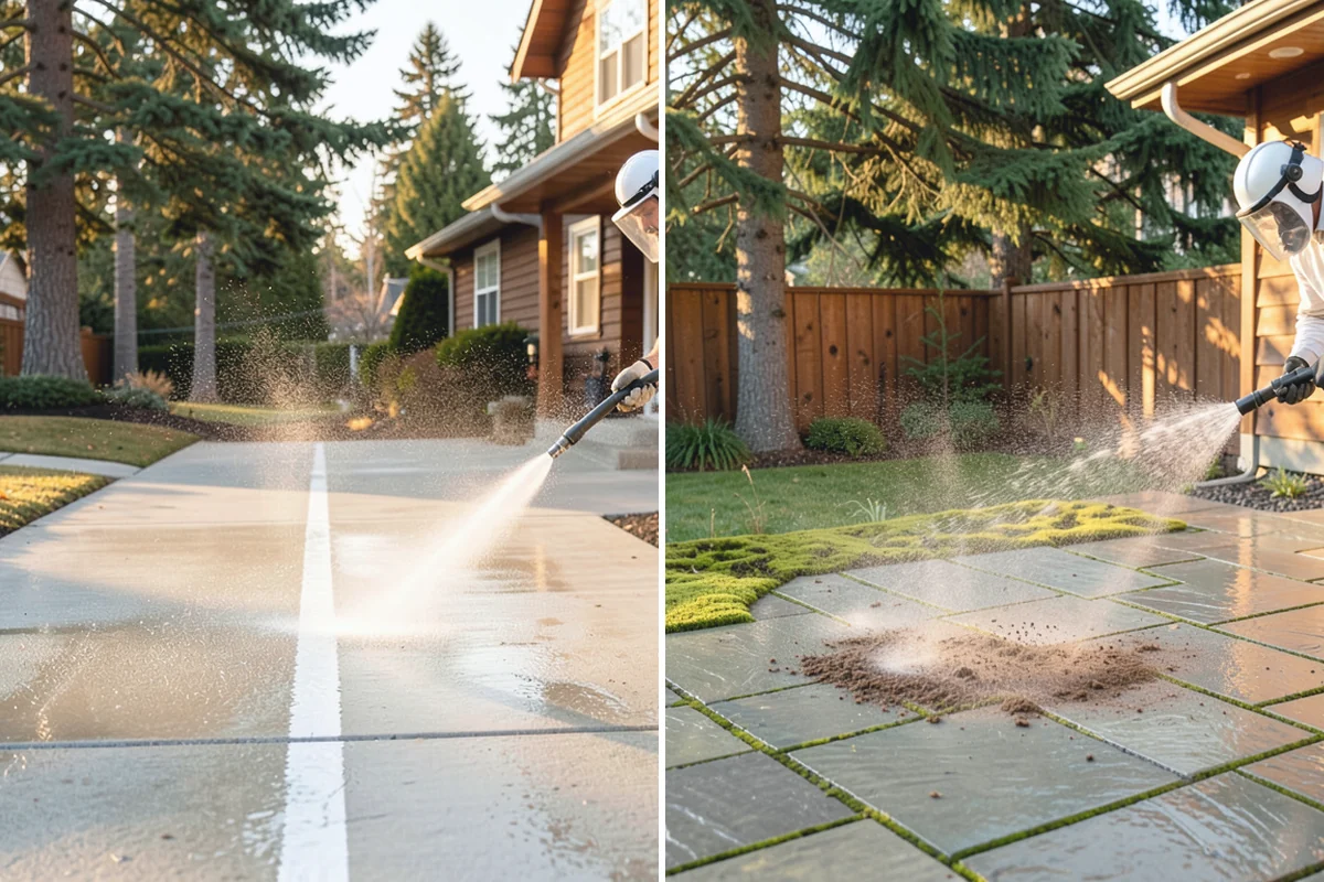 Decorative Concrete Cleaning in Marysville, Snohomish County, WA - Clear the patio and inspect the sealer condition
