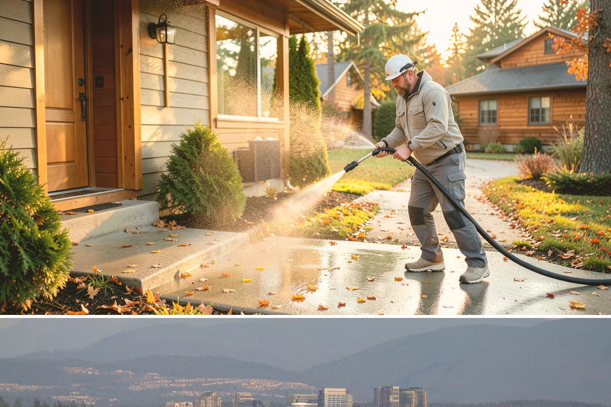 Decorative Concrete Cleaning in Medina, King County, WA - Decorative concrete cleans and reseals best in dry summer weather for proper sealer cure.