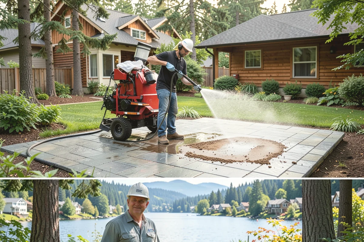 Decorative Concrete Cleaning in Milton, King County, WA - Decorative concrete cleans and reseals best in dry summer weather for proper sealer cure.
