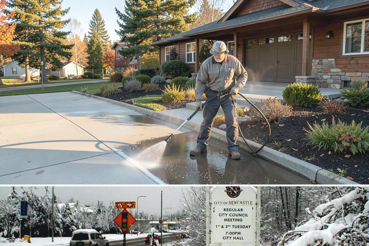 Decorative Concrete Cleaning in Newcastle, King County, WA - Decorative concrete cleans and reseals best in dry summer weather for proper sealer cure.