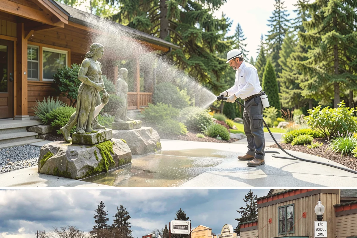 Decorative Concrete Cleaning in Roy, Pierce County, WA - Decorative concrete cleans and reseals best in dry summer weather for proper sealer cure.