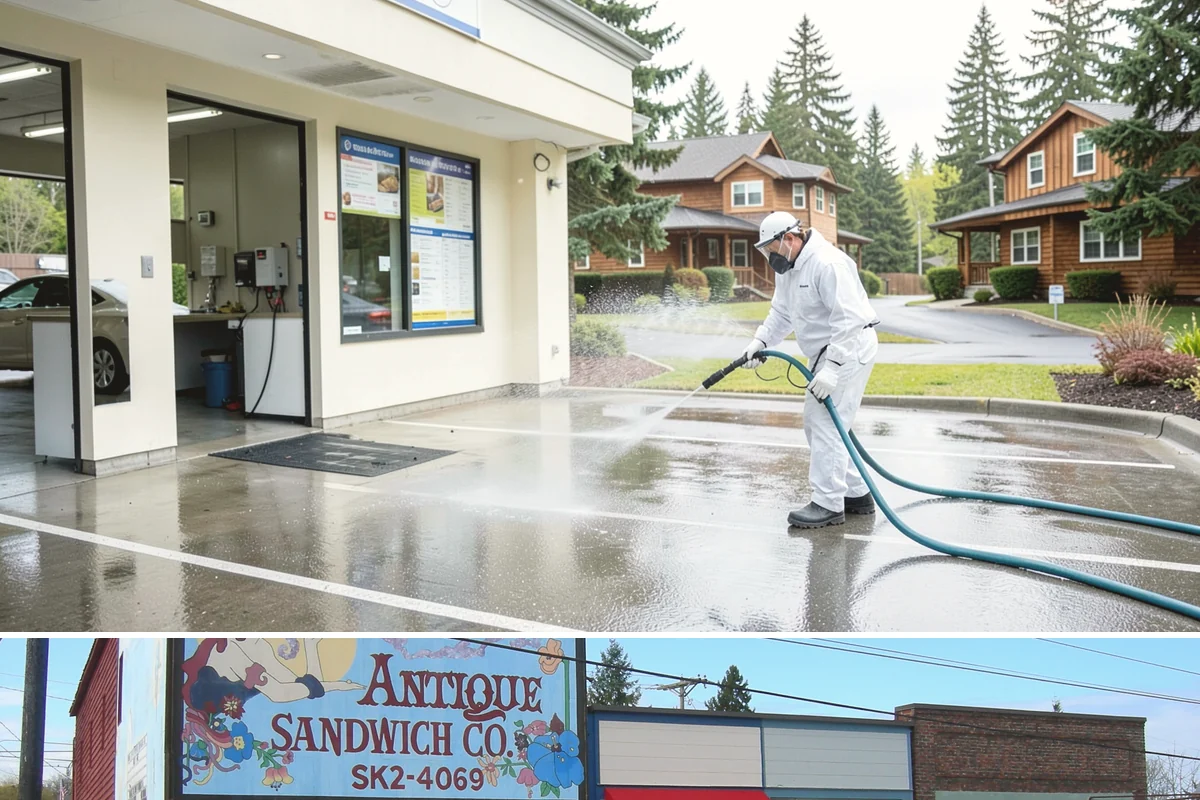 Decorative Concrete Cleaning in Ruston, Pierce County, WA - Decorative concrete cleans and reseals best in dry summer weather for proper sealer cure.