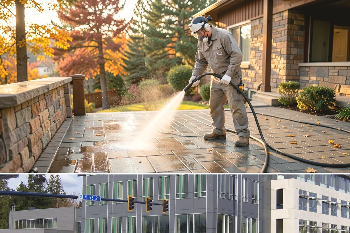 Decorative Concrete Cleaning in Shoreline, King County, WA - Decorative concrete cleans and reseals best in dry summer weather for proper sealer cure.