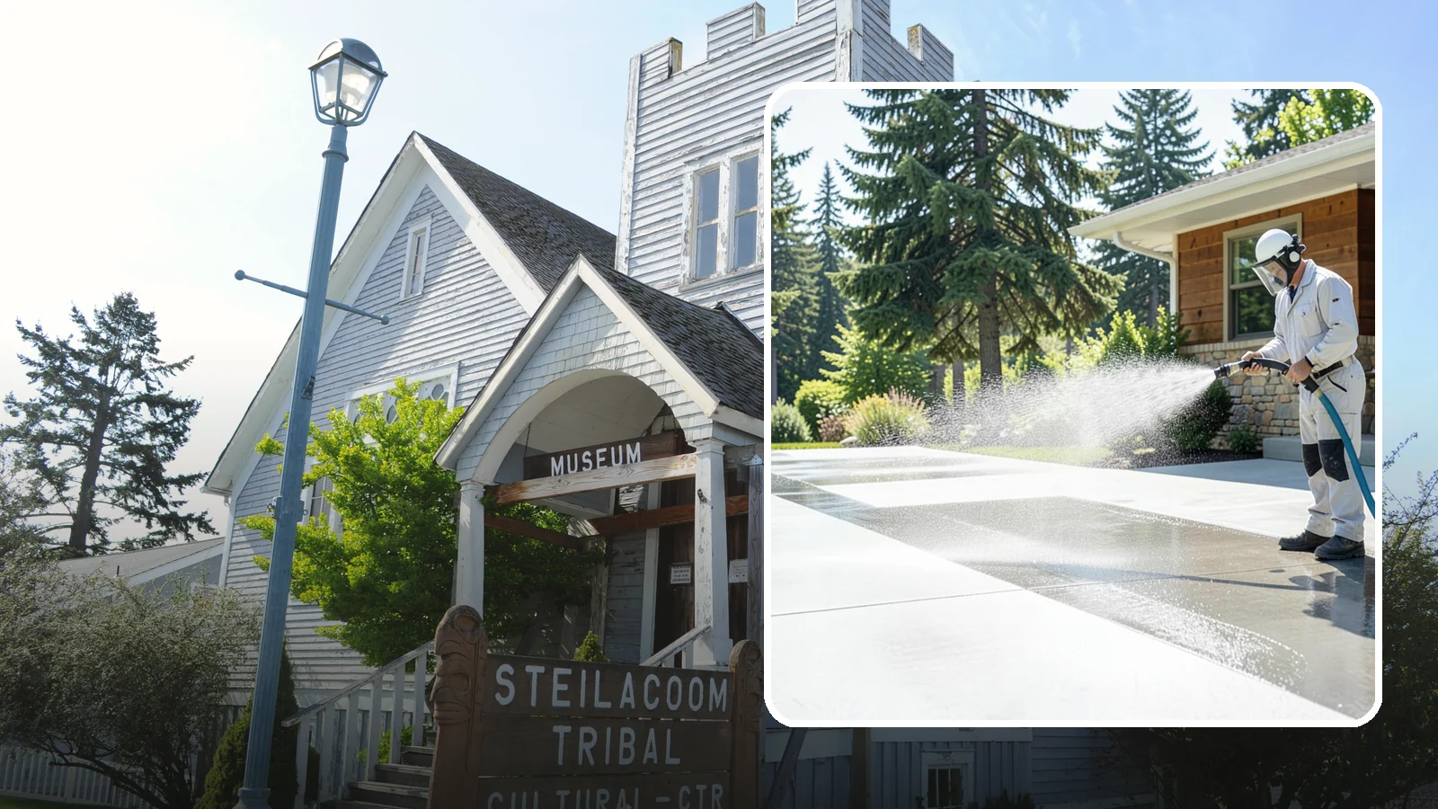Decorative Concrete Cleaning in Steilacoom, Pierce County, WA - Clean stamped and decorative concrete patios without stripping their color or protective sealer.