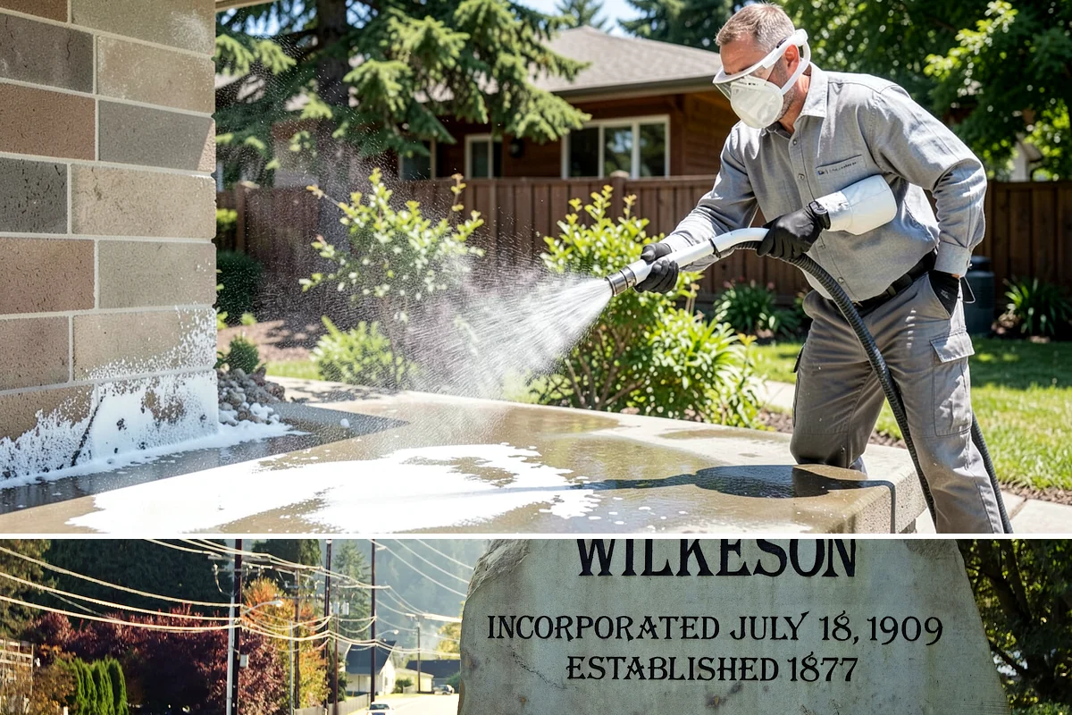 Decorative Concrete Cleaning in Wilkeson, Pierce County, WA - Decorative concrete cleans and reseals best in dry summer weather for proper sealer cure.