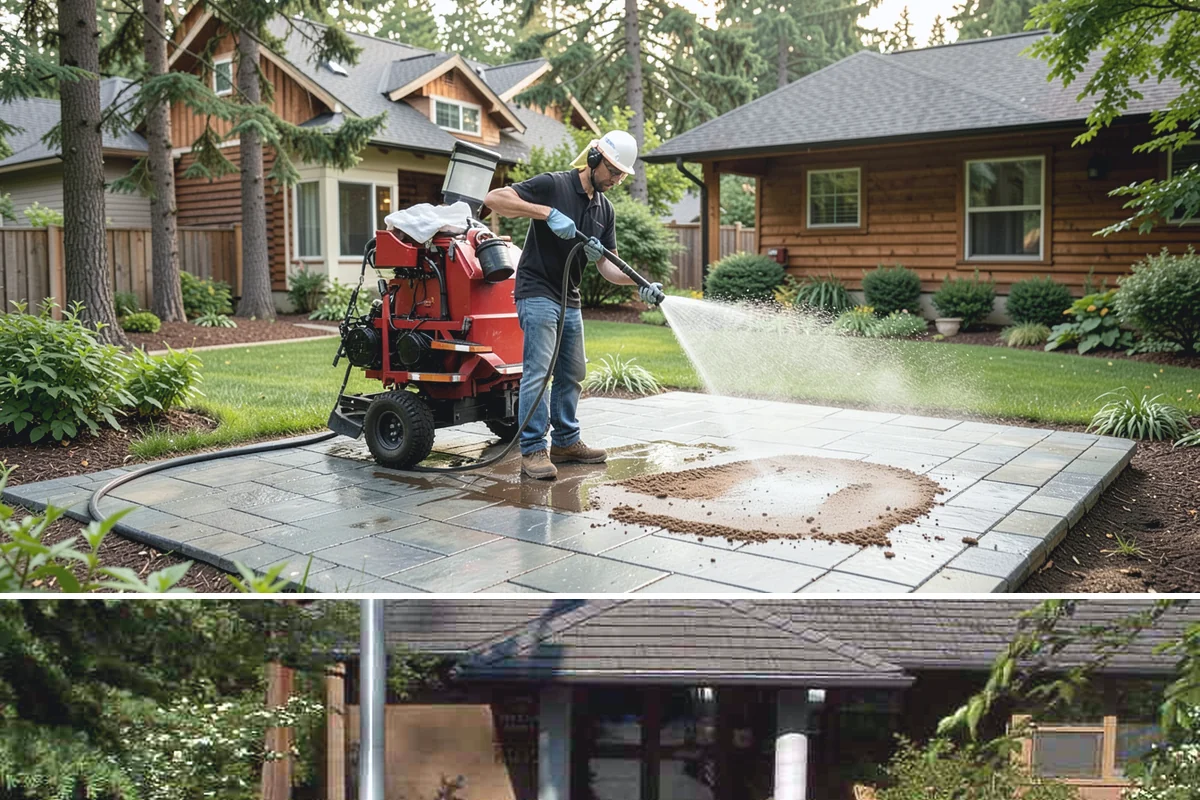 Decorative Concrete Cleaning in Yarrow Point, King County, WA - Decorative concrete cleans and reseals best in dry summer weather for proper sealer cure.