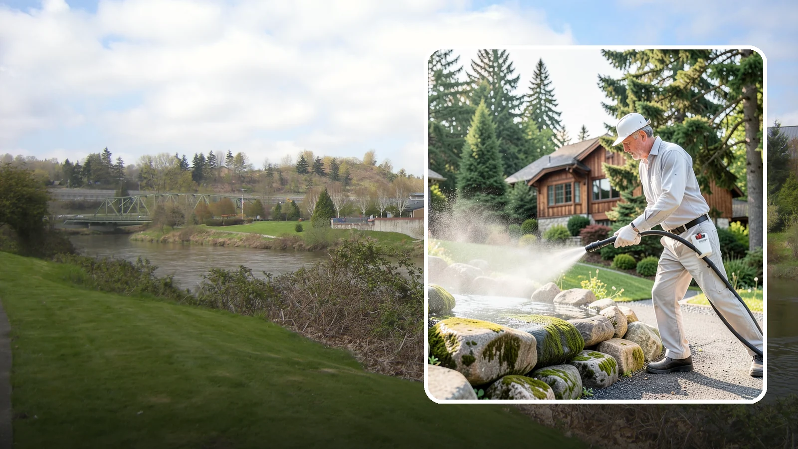 Decorative Rock Cleaning in Tukwila, King County, WA - We clean decorative and landscape rock in Washington to wash out algae, mud, and organic buildup between the stones.