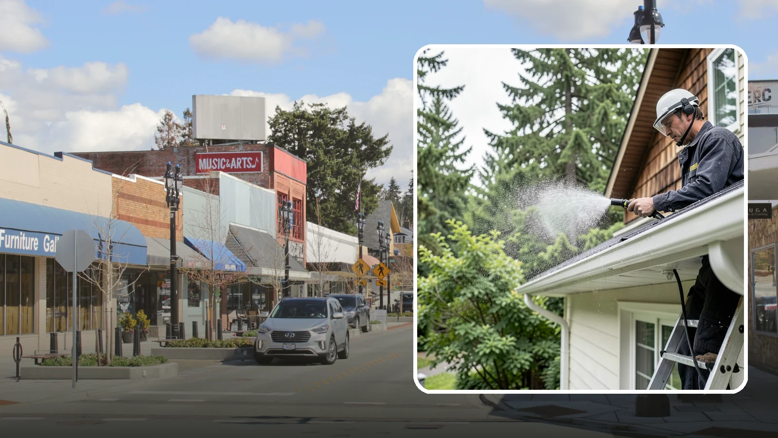 Downspout Cleaning in Bothell, King County, WA - Cleaning of downspout exteriors and interiors so the channels that carry our heavy rain stay clear and presentable.