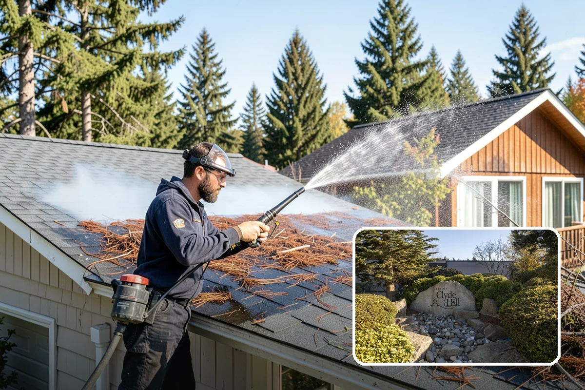 Downspout Cleaning in Clyde Hill, King County, WA - Clears interior clogs of packed needles and grit