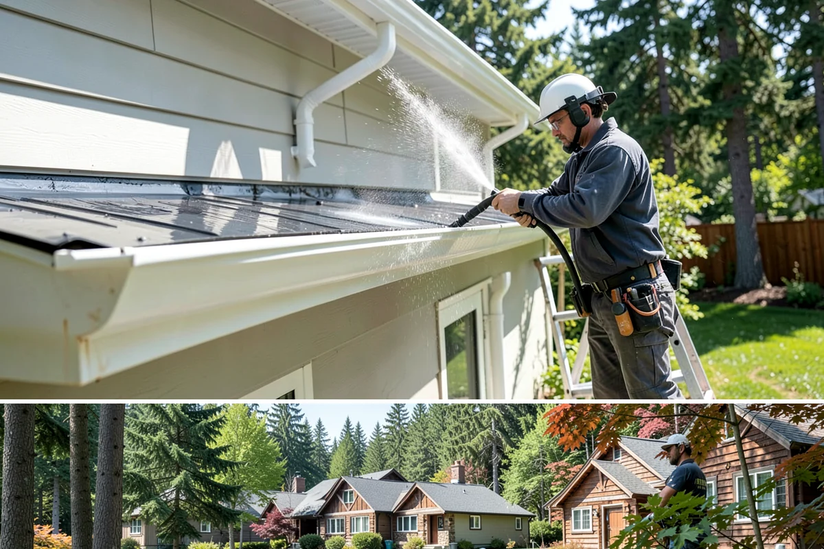 Downspout Cleaning in Edgewood, Pierce County, WA - Clean downspouts in fall after leaf drop so they carry winter's heavy rain without backing up.