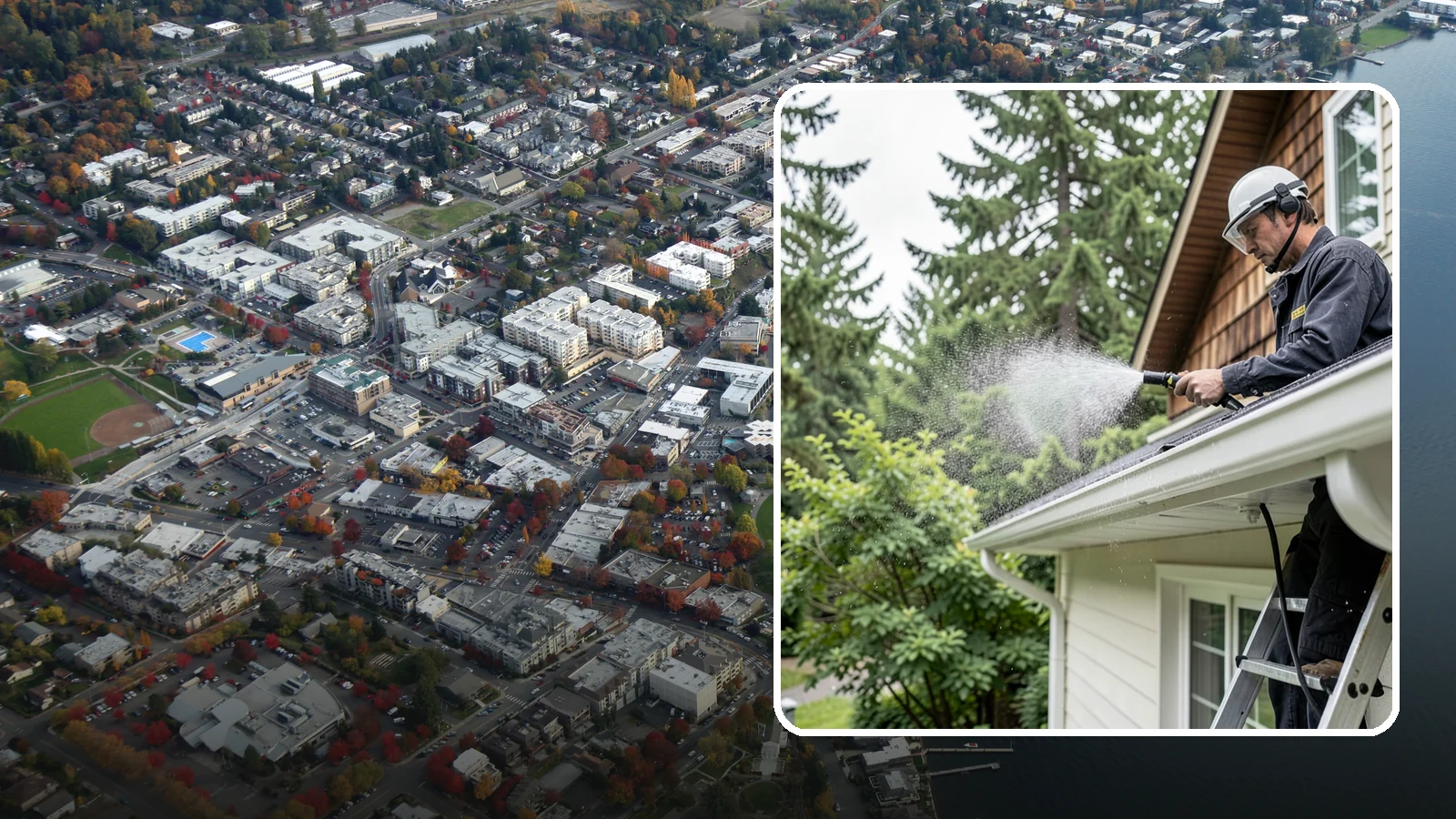 Downspout Cleaning in Kirkland, King County, WA - Cleaning of downspout exteriors and interiors so the channels that carry our heavy rain stay clear and presentable.