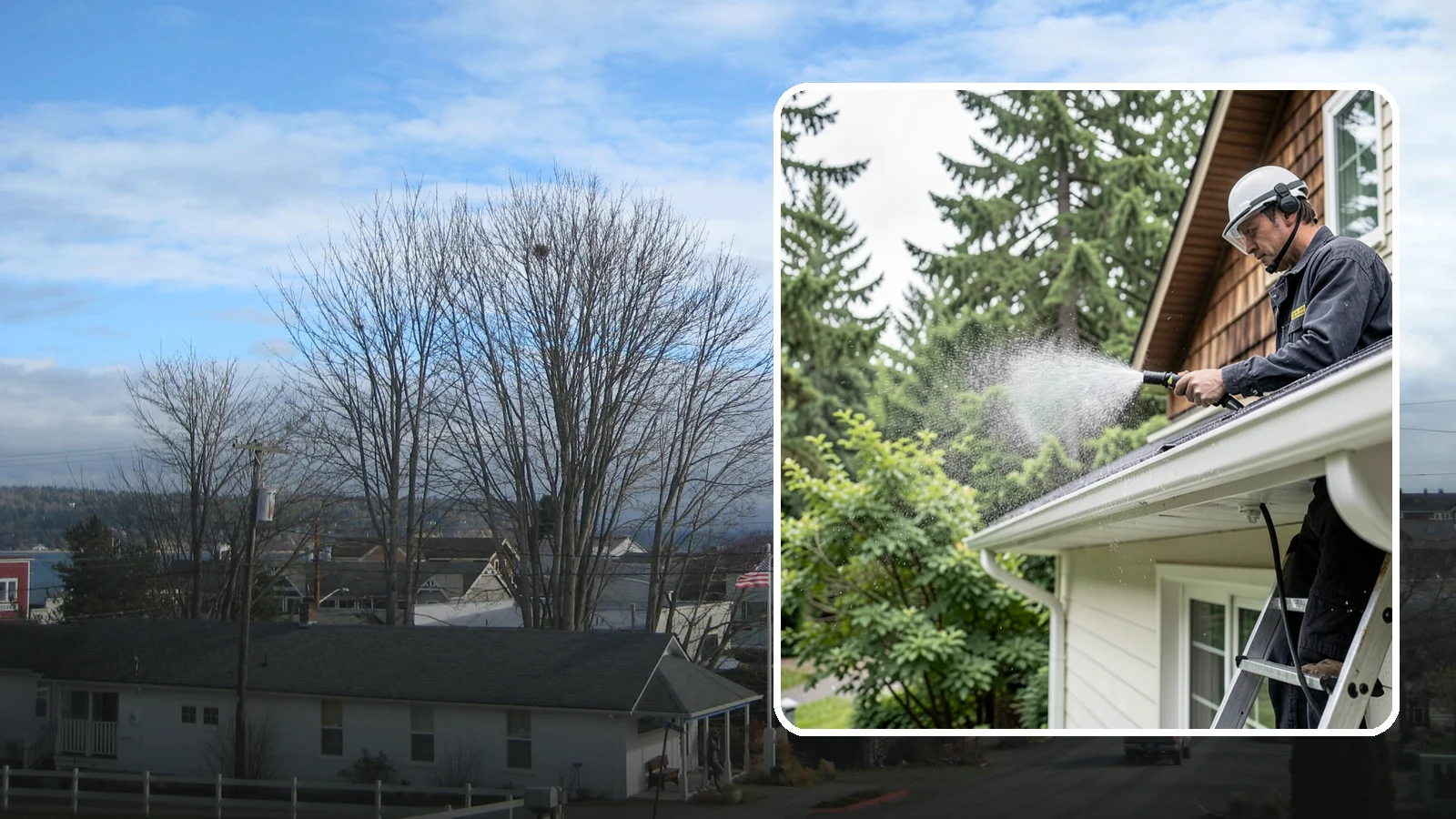 Downspout Cleaning in Langley, Island County, WA - Cleaning of downspout exteriors and interiors so the channels that carry our heavy rain stay clear and presentable.