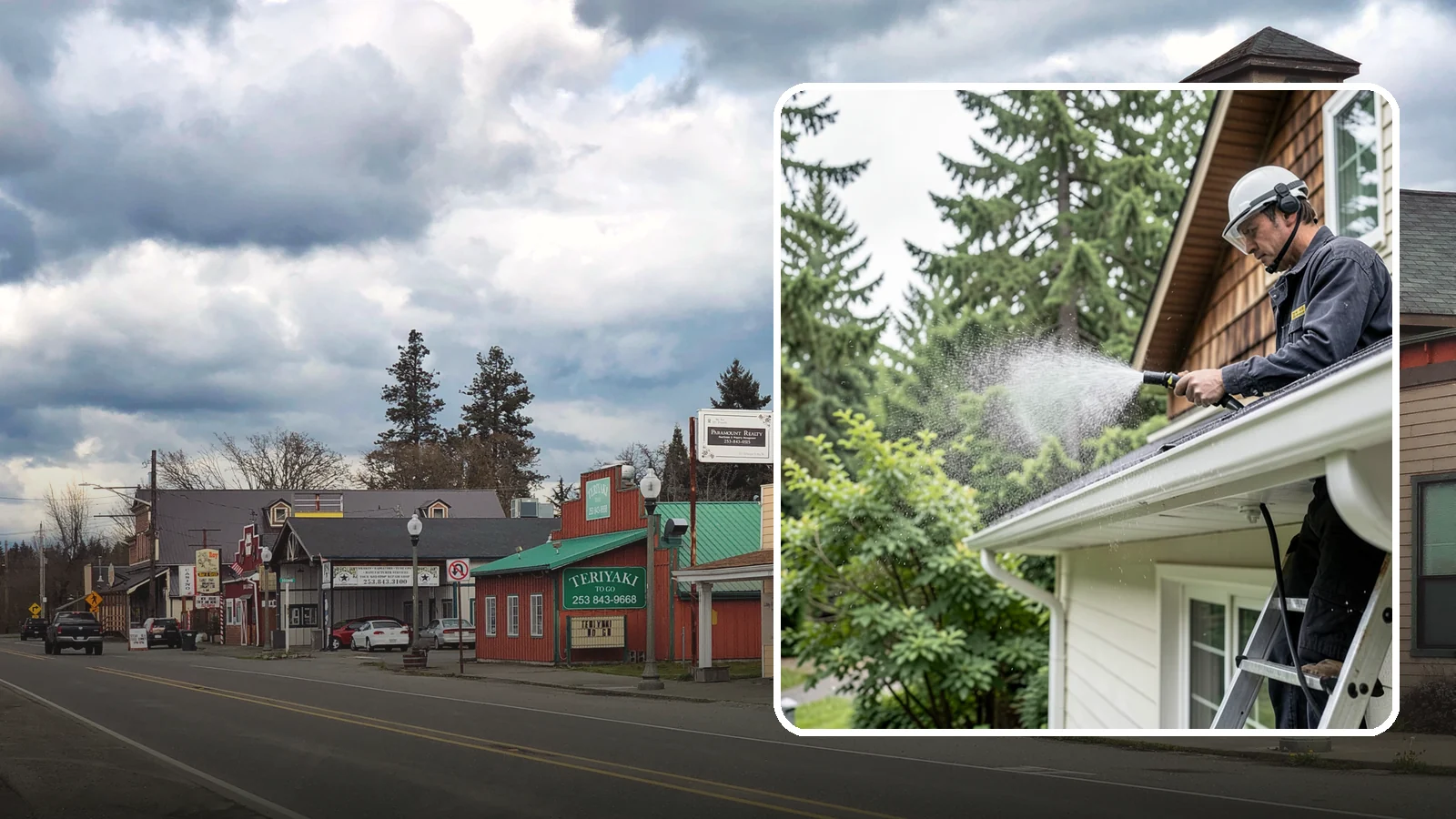 Downspout Cleaning in Roy, Pierce County, WA - Cleaning of downspout exteriors and interiors so the channels that carry our heavy rain stay clear and presentable.
