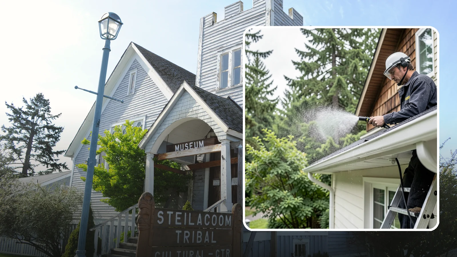 Downspout Cleaning in Steilacoom, Pierce County, WA - Cleaning of downspout exteriors and interiors so the channels that carry our heavy rain stay clear and presentable.