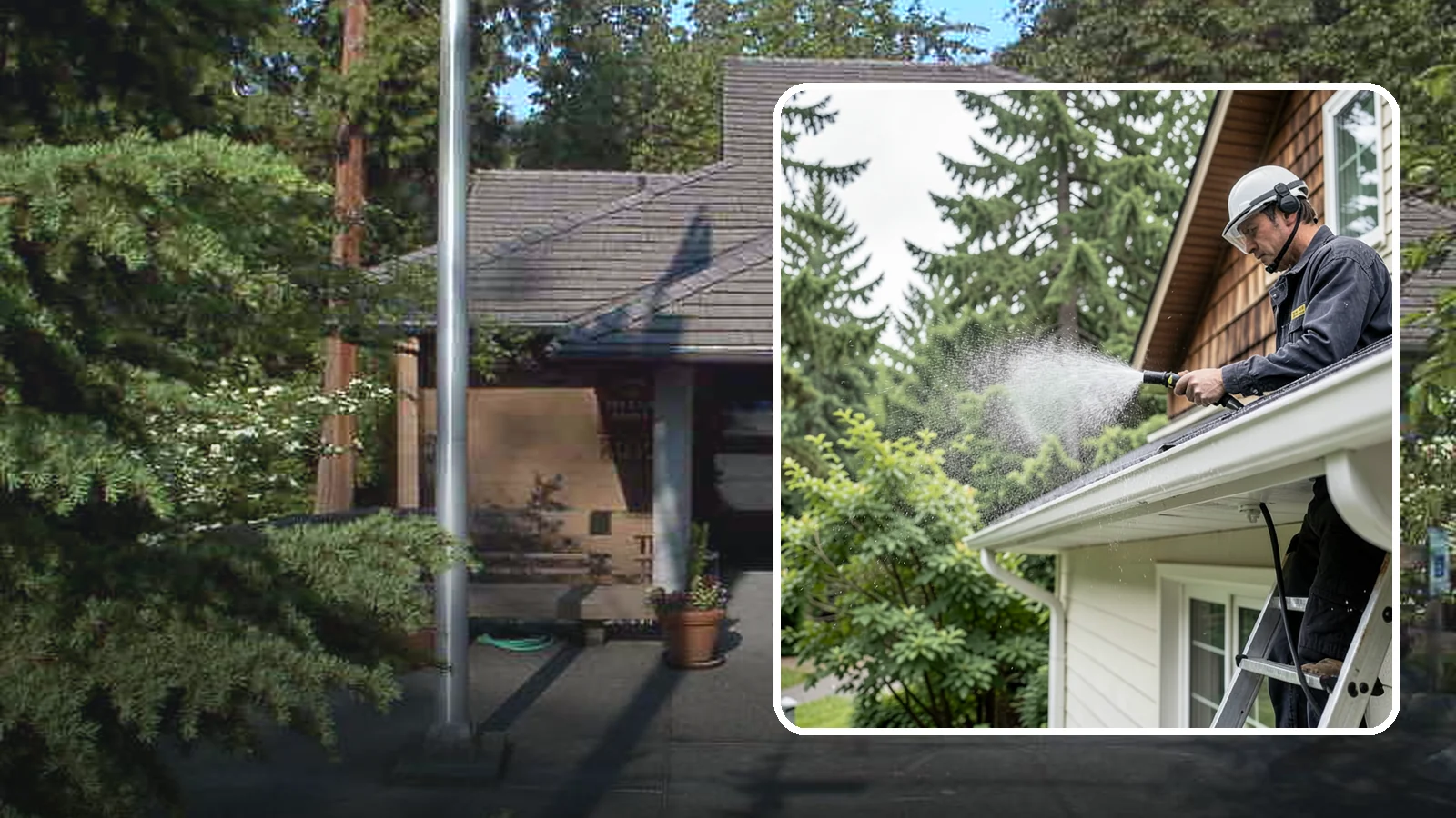 Downspout Cleaning in Yarrow Point, King County, WA - Cleaning of downspout exteriors and interiors so the channels that carry our heavy rain stay clear and presentable.