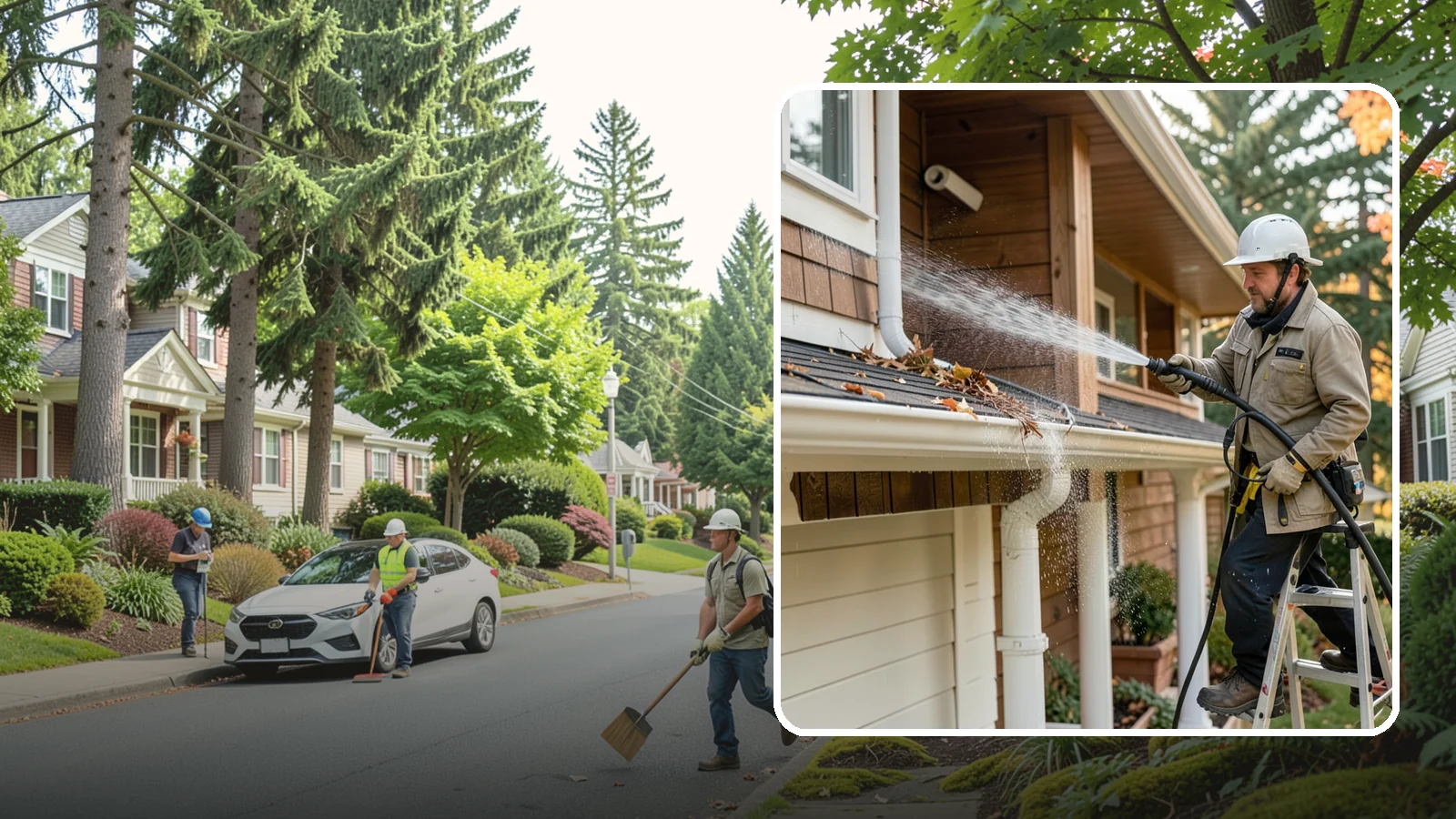 Downspout Flushing in Beaux Arts Village, King County, WA - High-volume flushing that clears packed debris from inside downspouts to restore full drainage capacity.