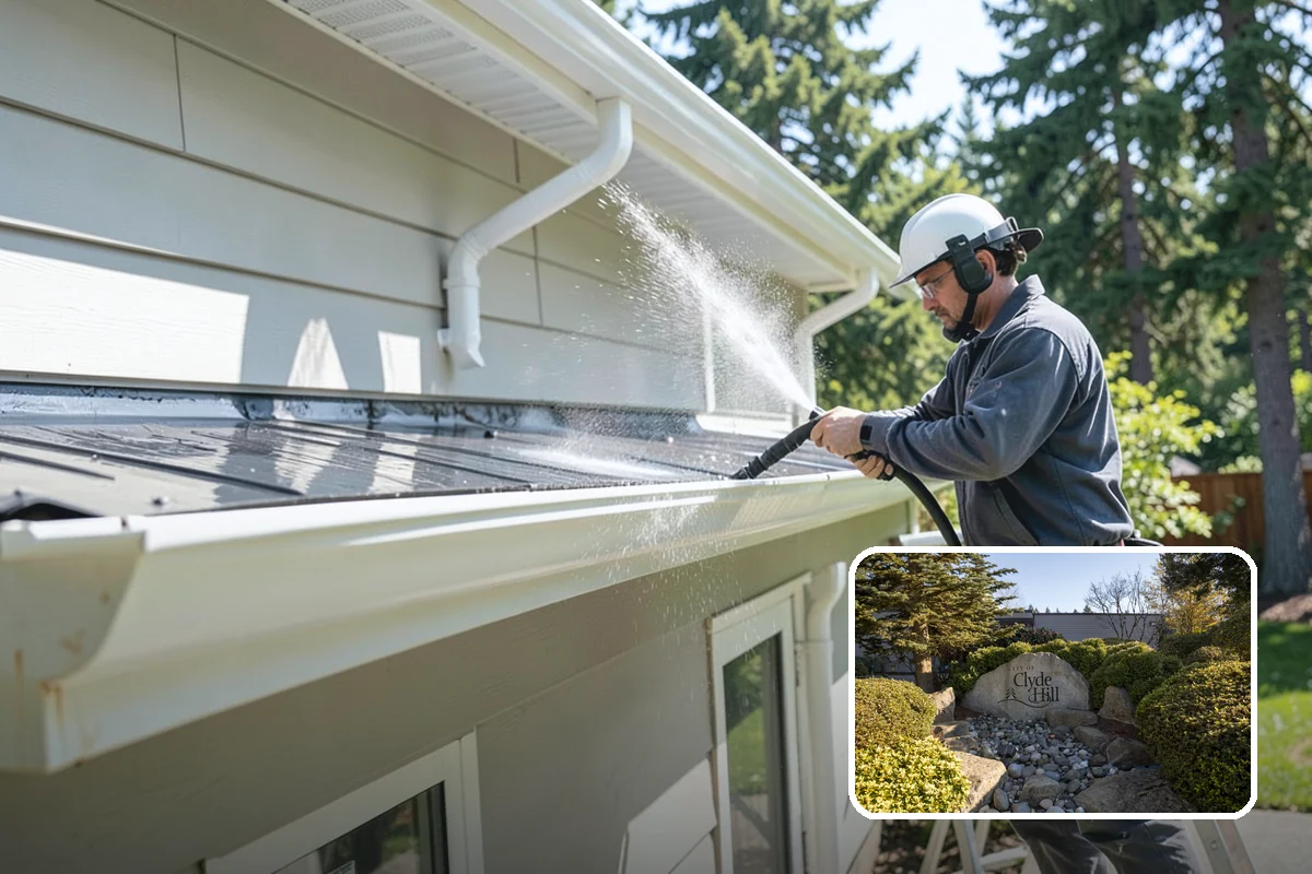 Downspout Flushing in Clyde Hill, King County, WA - Dislodges compacted debris a basic clean-out leaves behind