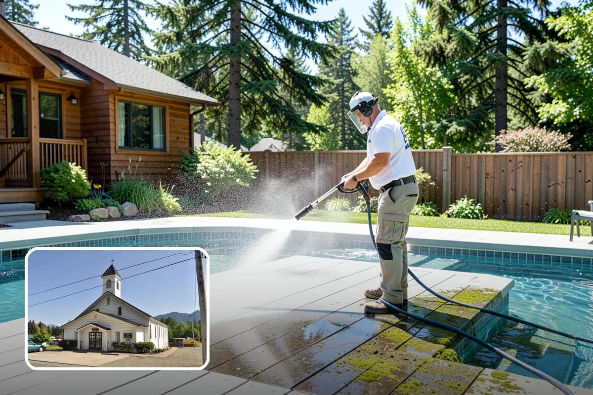 Downspout Flushing in Concrete, Skagit County, WA - Dislodges compacted debris a basic clean-out leaves behind