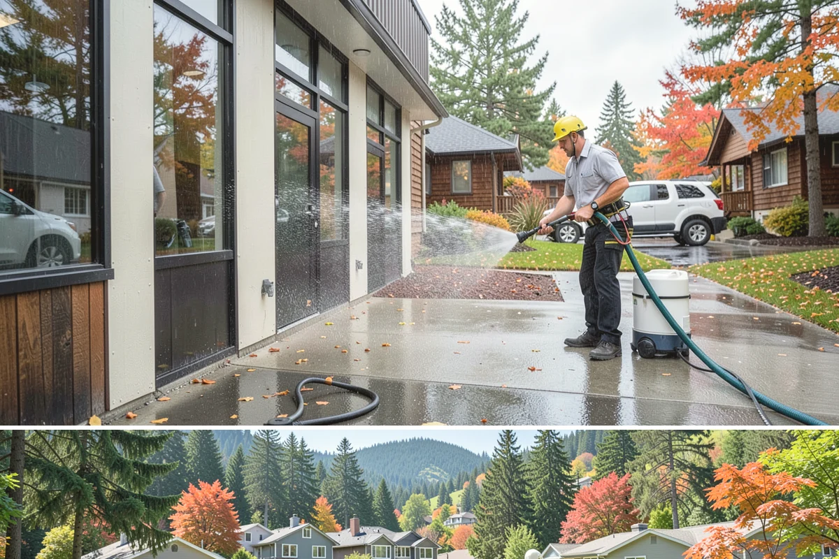 Downspout Flushing in Fircrest, Pierce County, WA - Flush downspouts heading into fall so they can handle the full force of the winter rainy season.
