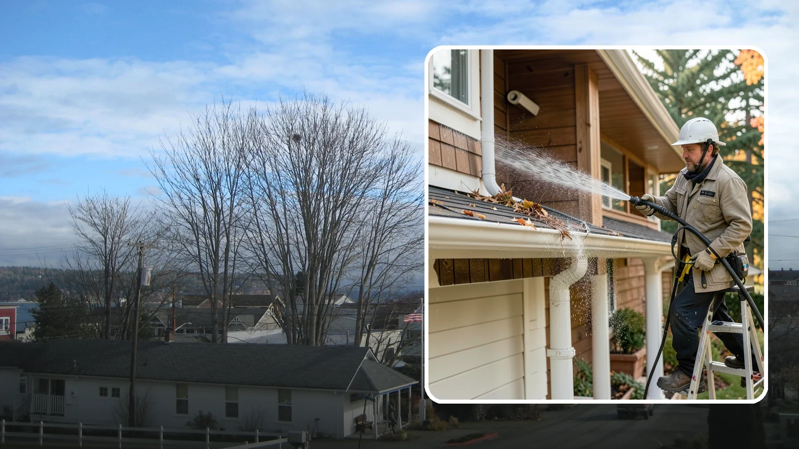Downspout Flushing in Langley, Island County, WA - High-volume flushing that clears packed debris from inside downspouts to restore full drainage capacity.