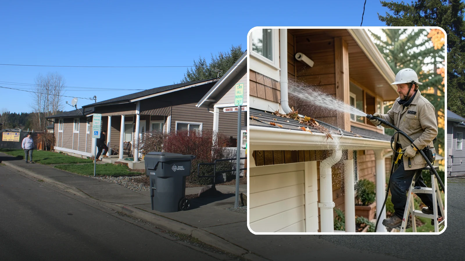 Downspout Flushing in South Prairie, Pierce County, WA - High-volume flushing that clears packed debris from inside downspouts to restore full drainage capacity.