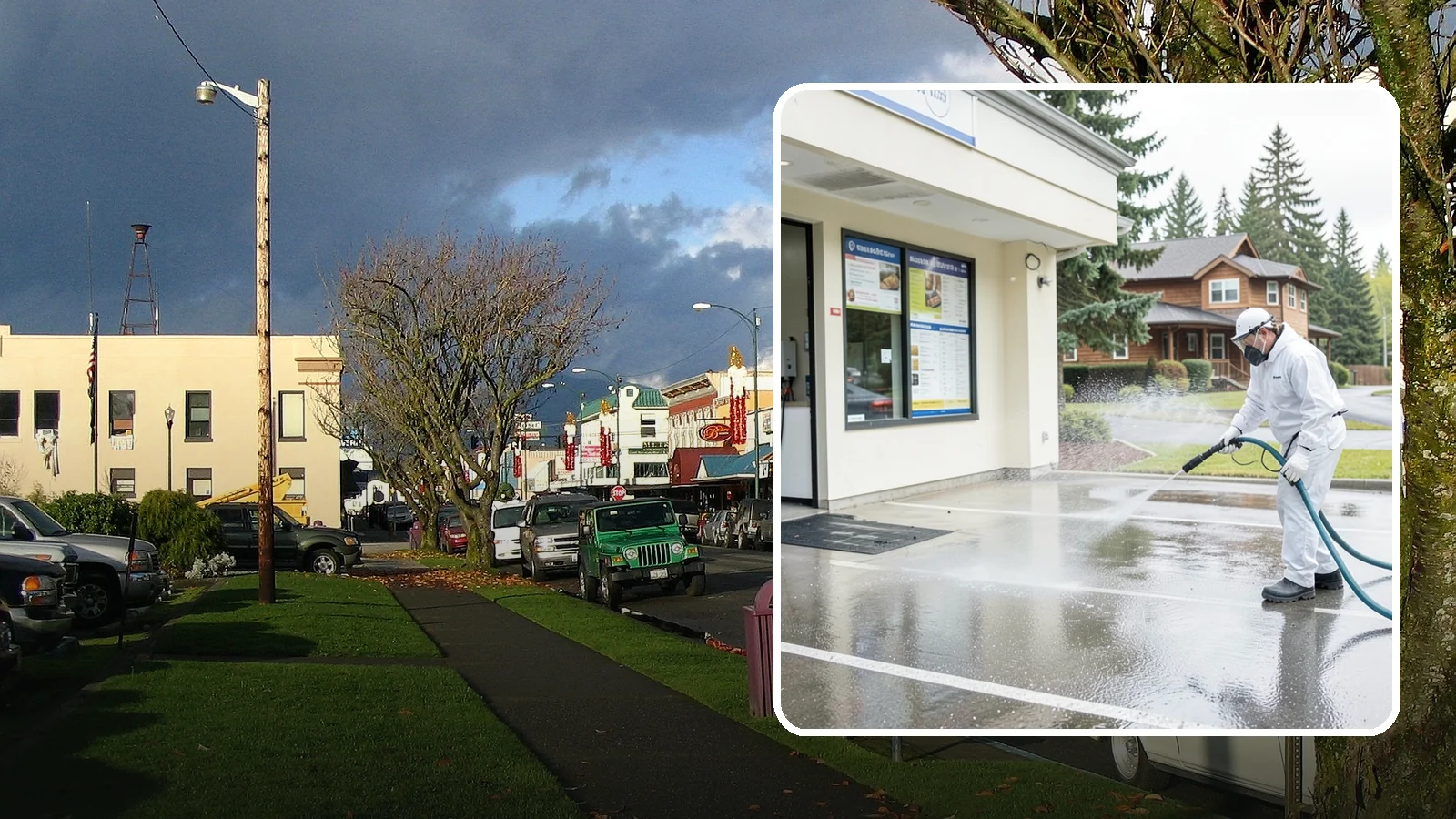 Drive-Thru Cleaning in Arlington, Snohomish County, WA - Targeted cleaning of drive-thru lanes, order windows, and menu-board pads where spilled food, grease, and PNW moss build up fast.