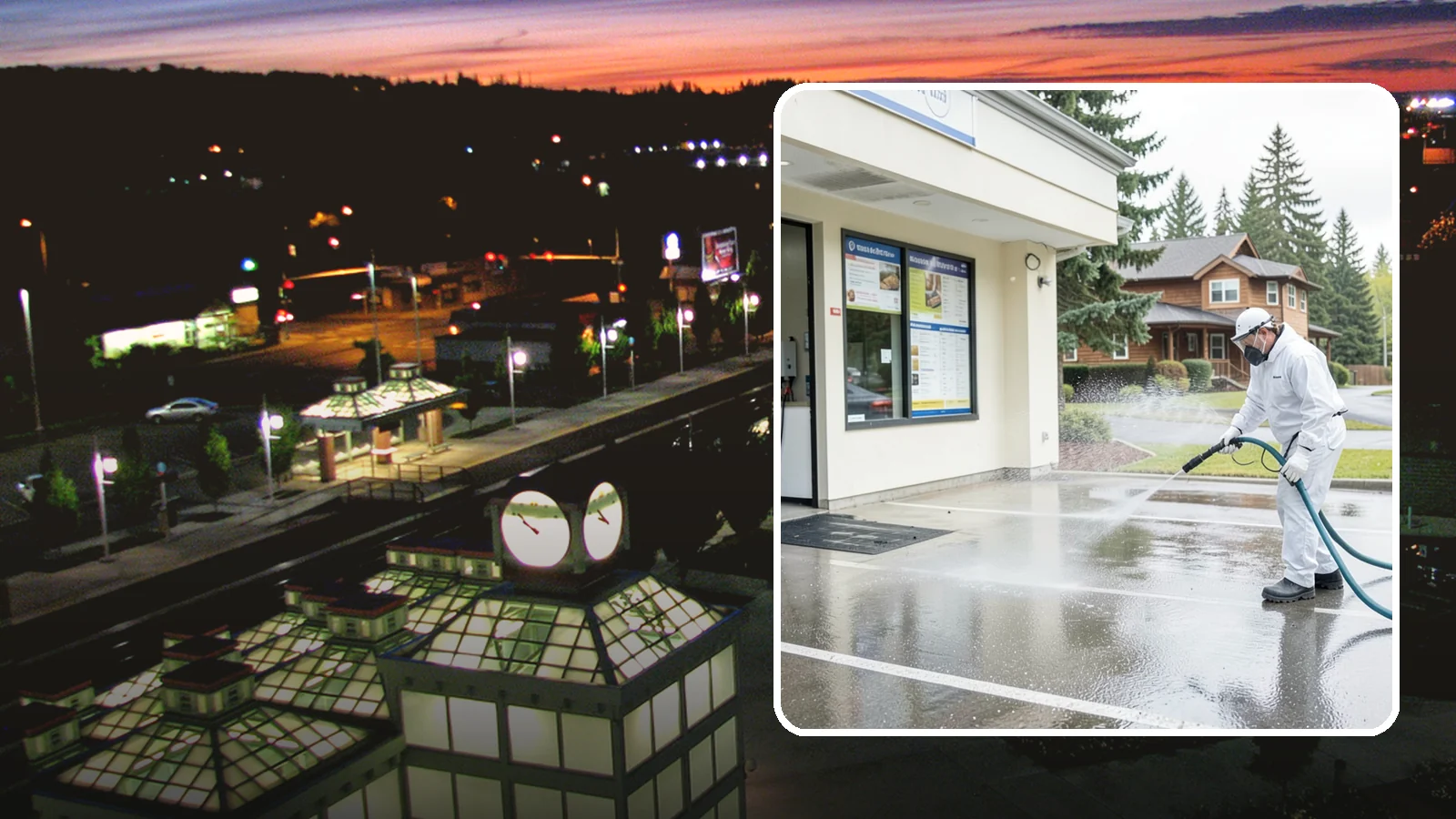 Drive-Thru Cleaning in Auburn, King County, WA - Targeted cleaning of drive-thru lanes, order windows, and menu-board pads where spilled food, grease, and PNW moss build up fast.