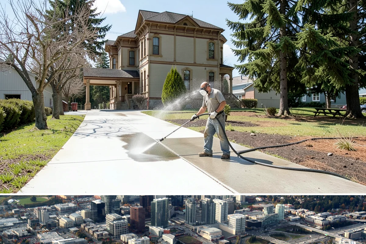 Drive-Thru Cleaning in Bellevue, King County, WA - Best cleaned every quarter year-round, with extra attention in fall when leaf litter and rain accelerate algae in the lane.