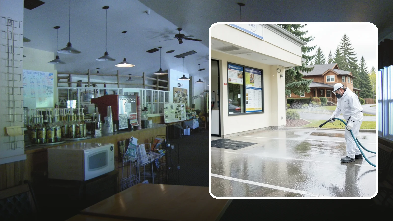 Drive-Thru Cleaning in Black Diamond, King County, WA - Targeted cleaning of drive-thru lanes, order windows, and menu-board pads where spilled food, grease, and PNW moss build up fast.