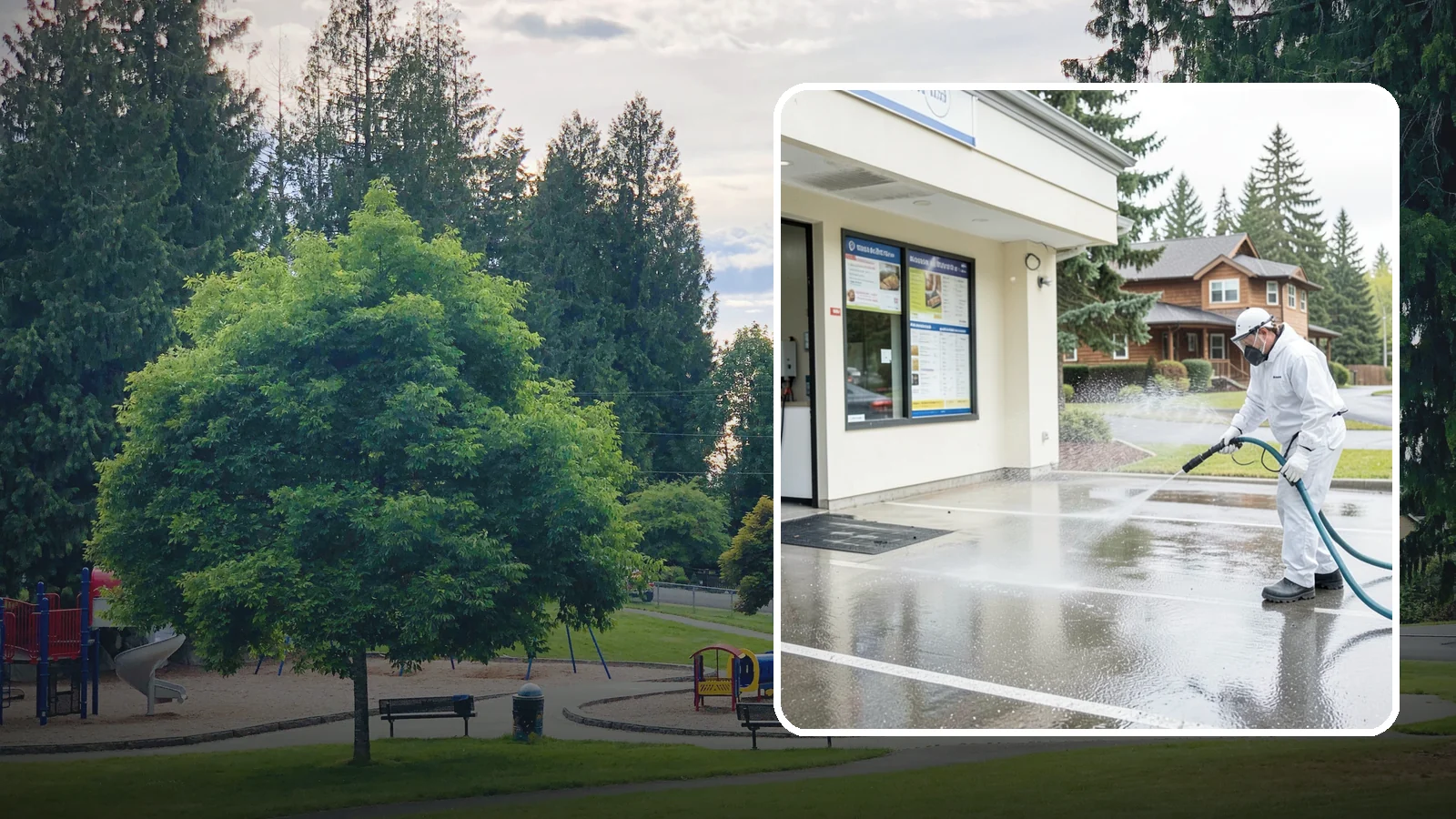 Drive-Thru Cleaning in Bonney Lake, Pierce County, WA - Targeted cleaning of drive-thru lanes, order windows, and menu-board pads where spilled food, grease, and PNW moss build up fast.