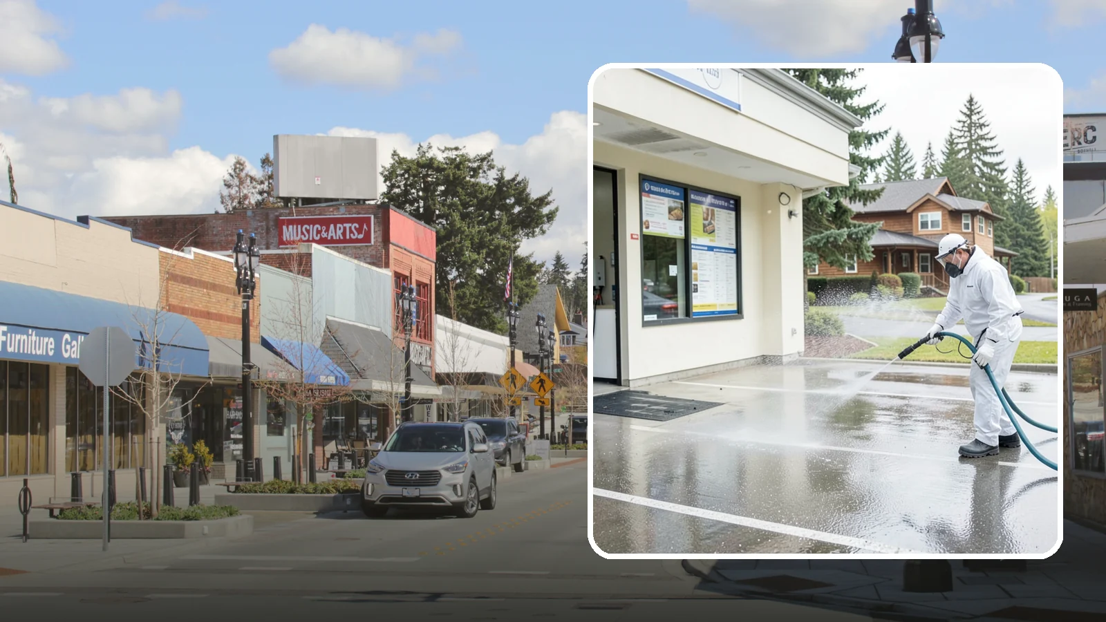 Drive-Thru Cleaning in Bothell, King County, WA - Targeted cleaning of drive-thru lanes, order windows, and menu-board pads where spilled food, grease, and PNW moss build up fast.