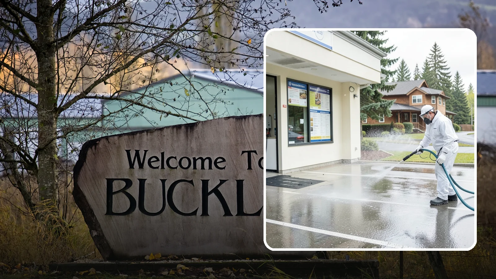 Drive-Thru Cleaning in Buckley, Pierce County, WA - Targeted cleaning of drive-thru lanes, order windows, and menu-board pads where spilled food, grease, and PNW moss build up fast.
