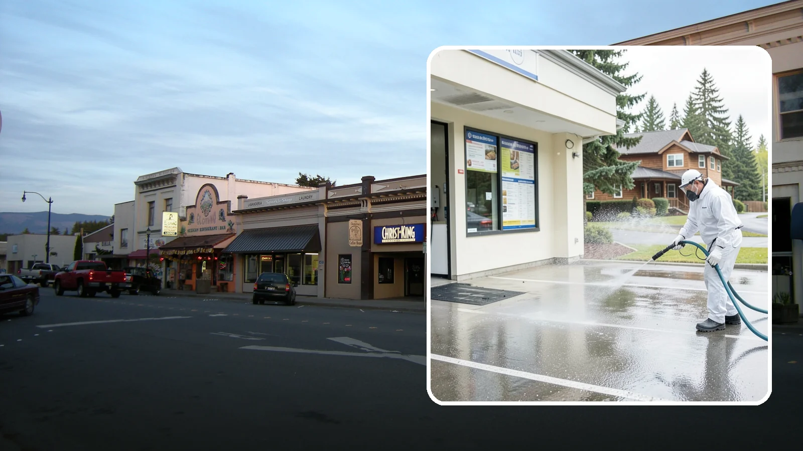 Drive-Thru Cleaning in Burlington, Skagit County, WA - Targeted cleaning of drive-thru lanes, order windows, and menu-board pads where spilled food, grease, and PNW moss build up fast.