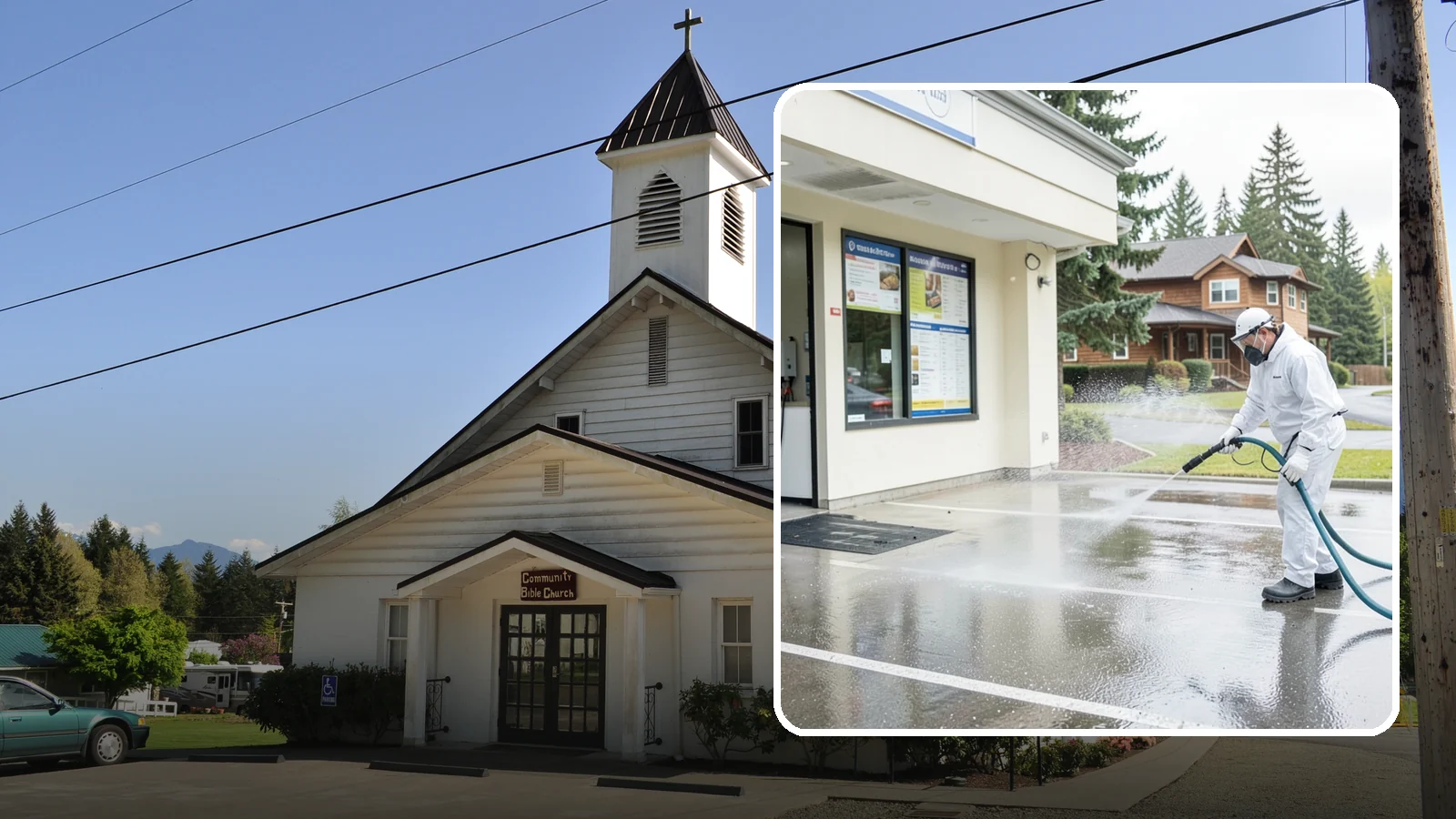Drive-Thru Cleaning in Concrete, Skagit County, WA - Targeted cleaning of drive-thru lanes, order windows, and menu-board pads where spilled food, grease, and PNW moss build up fast.