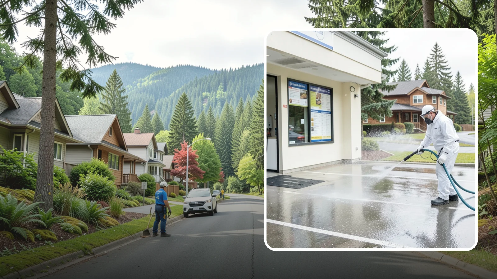 Drive-Thru Cleaning in Darrington, Snohomish County, WA - Targeted cleaning of drive-thru lanes, order windows, and menu-board pads where spilled food, grease, and PNW moss build up fast.